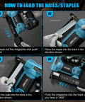 Instructions on loading nails for the Legendary 18 Gauge Cordless Brad Nailer And Nail Gun With Fast Charge Battery Pack.