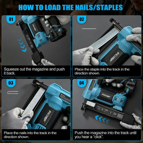Instructions on loading nails for the Legendary 18 Gauge Cordless Brad Nailer And Nail Gun With Fast Charge Battery Pack.