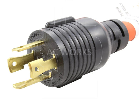Close-up of L14-30P To 6-50R Welder Adapter Cable 30 Amp 4-Prong Locking Plug To 50 Amp 250V Receptacle Beefy Heavy Duty Outdoor STW 10/3 Cord