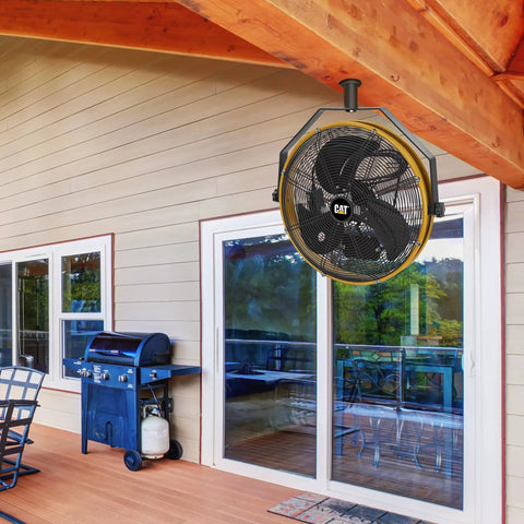Heavy Duty 18 Inch High Velocity Wall Mounted Shroud Fan Weatherproof IPX4 installed on patio ceiling
