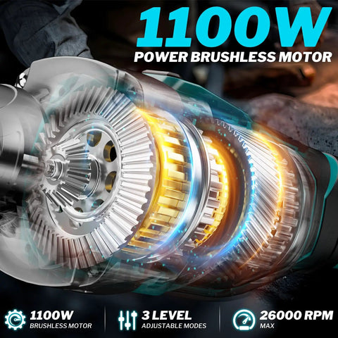 Close-up of 1100W power brushless motor showcasing 3 level adjustable modes and 26000 RPM max, part of the Beefy Cordless 1100W Brushless Die Grinder With Braking, Bare Tool Only, Three Level Variable Speed Up To 26,000 RPM, 1/4 Inch Chuck For Grinding Polishing And Drilling, Compatible With 18V Batteries Not Included.
