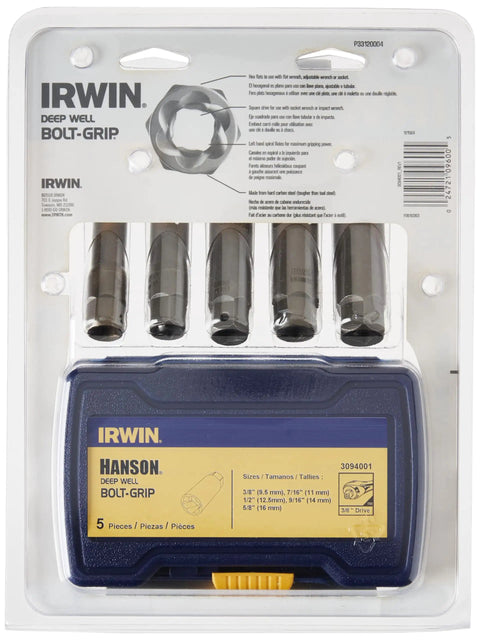 Bolt Extractor Set For Deep Well Bolts, 5-Piece, high-carbon steel, reverse spiral flutes, packaged front view
