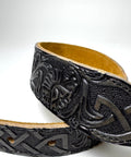 Heavy Leather Dog Collar Featuring Hand Carved Celtic Chain Design And Plush Suede Backing Tailored For Large Pooches 14 To 18 Inches Wide close-up of black leather design