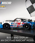 Side view of Next Gen NASCAR Chevrolet Camaro ZL1 Race Car Build Kit For Kids 9 and Up, colorful LEGO Technic model on display.