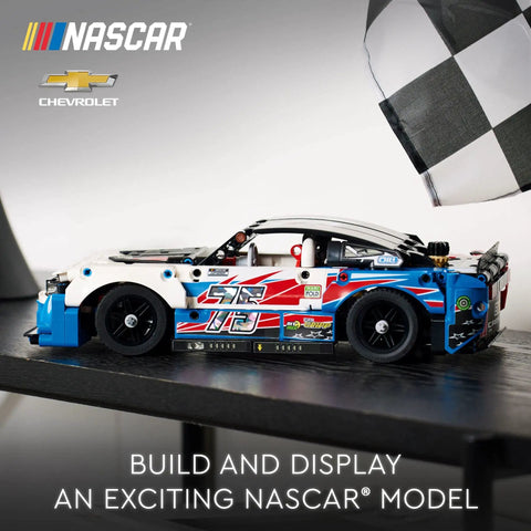 Side view of Next Gen NASCAR Chevrolet Camaro ZL1 Race Car Build Kit For Kids 9 and Up, colorful LEGO Technic model on display.