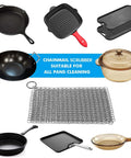 Cast Iron Scrubber With Stainless Steel Chainmail, 8x6 Inch Skillet Cleaner with various cookware including pans and grills