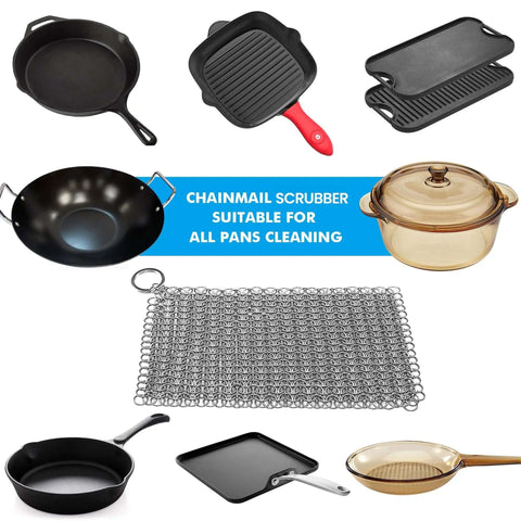 Cast Iron Scrubber With Stainless Steel Chainmail, 8x6 Inch Skillet Cleaner with various cookware including pans and grills