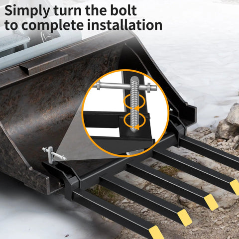Clamp On Debris Forks For 48 Inch Bucket, 2500 Lbs Heavy Duty Fork Attachments showing installation on skid steer loader