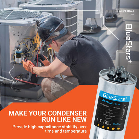 Technician installing UL Certified Dual Round Run Capacitor 45/5 MFD 370V Or 440V 50/60 Hz CBB65 for AC motors and condensers