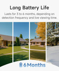 Seasons changing around a house showing 6-month battery life, Wireless Outdoor Security Camera 2K With AI Motion Detection, Battery Powered