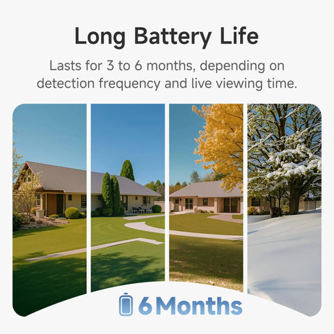 Seasons changing around a house showing 6-month battery life, Wireless Outdoor Security Camera 2K With AI Motion Detection, Battery Powered