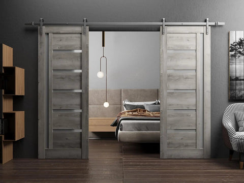 Nebraska Gray Frosted Glass Double Sliding Barn Door with solid MDF core and 13 ft silver rail in modern bedroom
