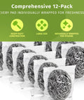 Heavy Duty Stainless Steel Scouring Pads 12 Pack Bulk Cleaning Scrubbers wrapped in plastic for hygiene, showing large size pads.
