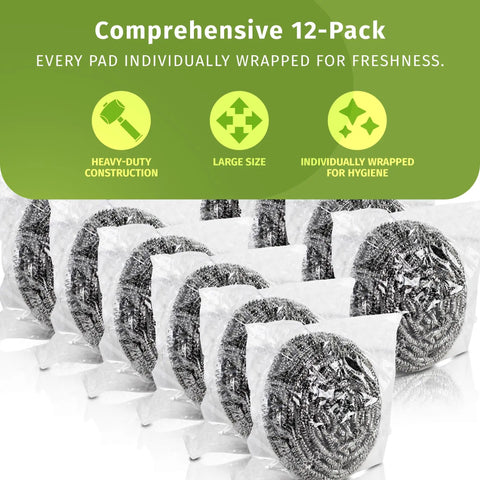 Heavy Duty Stainless Steel Scouring Pads 12 Pack Bulk Cleaning Scrubbers wrapped in plastic for hygiene, showing large size pads.