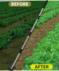Rocket Shaped One Hand Garden Hoe with Steel Handle for Weeding, shown between before and after garden bed sections.