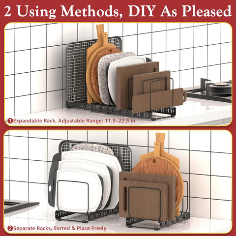 Two Pack Adjustable Cutting Board Organizer With 12 Dividers And Anti Slip Pads For Kitchen Cabinet Storage, Black, shown holding cutting boards and baking sheets on a kitchen counter.