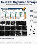 Premium M2 M3 M4 Phillips Pan Head Self Tapping Screws Tough As Nails Carbon Steel Fastener Kit with compartments for 625 pieces.