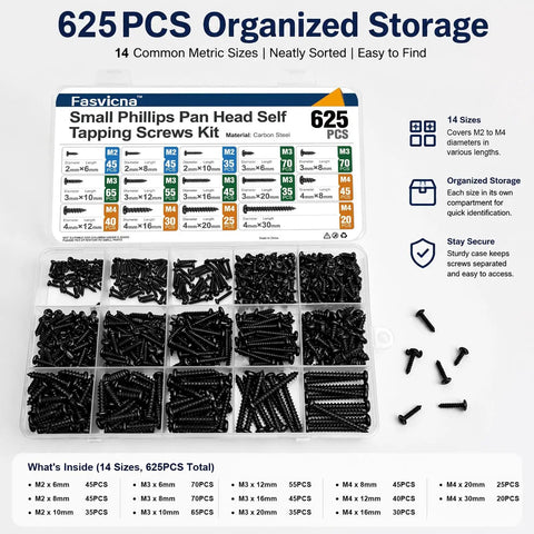 Premium M2 M3 M4 Phillips Pan Head Self Tapping Screws Tough As Nails Carbon Steel Fastener Kit with compartments for 625 pieces.