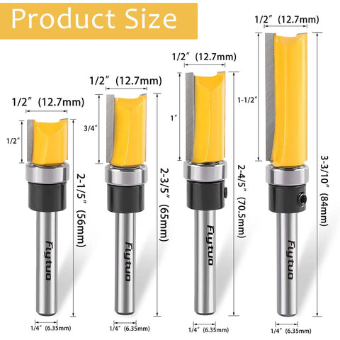 Pattern Flush Trim Router Bit Set With Quarter Inch Shank And Half Inch Cutting Diameter Four Sizes displayed in a row