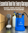 1/4 HP Submersible Sump Pump, 25 GPM High Flow Water Removal, Portable Thermoplastic Utility Pump on garage shelf