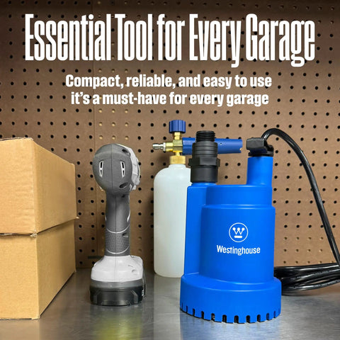 1/4 HP Submersible Sump Pump, 25 GPM High Flow Water Removal, Portable Thermoplastic Utility Pump on garage shelf