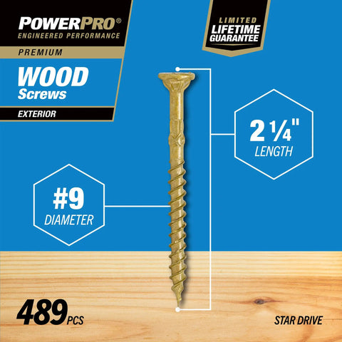 Exterior Wood Deck Screws Nine By Two And A Quarter Inch All Purpose Outdoor Deck Screws With Epoxy Coating For Tough Outdoor Projects Bronze Finish Self Starting Tip And T25 Star Bit Included 489 Pieces shown with #9 diameter and 2-1/4 inch length