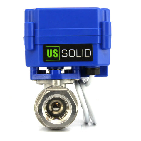 Front view of Motorized One Quarter Inch Ball Valve In Stainless Steel 304, Full Port, NSF Certified For Drinking Water, 9 To 24 Volt DC