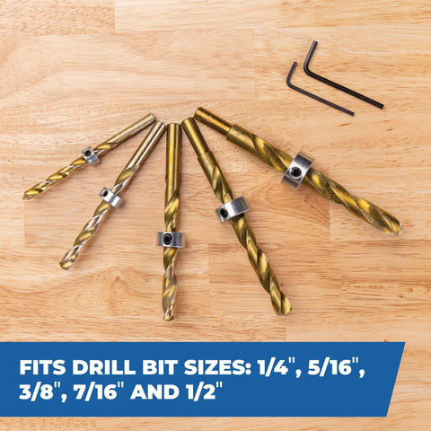 Five Piece Drill Bit Stop Collar Set With Set Screws For Consistent Drilling Depth In Wood And Metal Sizes One Quarter Inch, Five Sixteenths Inch, Three Eighths Inch, Seven Sixteenths Inch, And One Half Inch