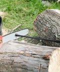 Heavy Duty Steel Firewood Measuring Tool With Rock Solid Magnetic Base For Chainsaw Bar Mount, measuring logs next to chainsaw.
