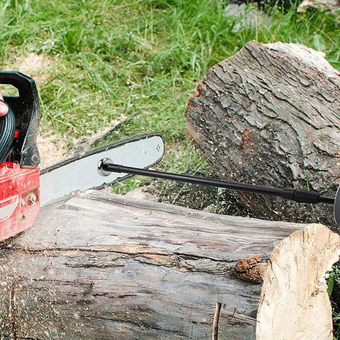 Heavy Duty Steel Firewood Measuring Tool With Rock Solid Magnetic Base For Chainsaw Bar Mount, measuring logs next to chainsaw.