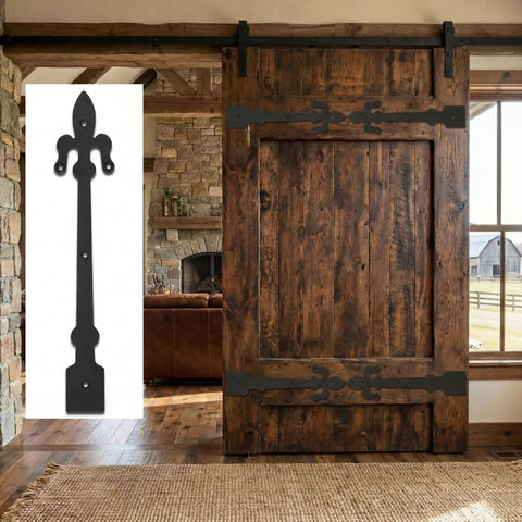 12 Inch Heavy Duty Decorative Hinges for Garage Doors and Barn Gates Matte Black Powder Coated Strap Hinge Set Built Tough for Doors Cabinets Shutters Sheds Fleur De Lis Style on rustic wooden sliding barn door