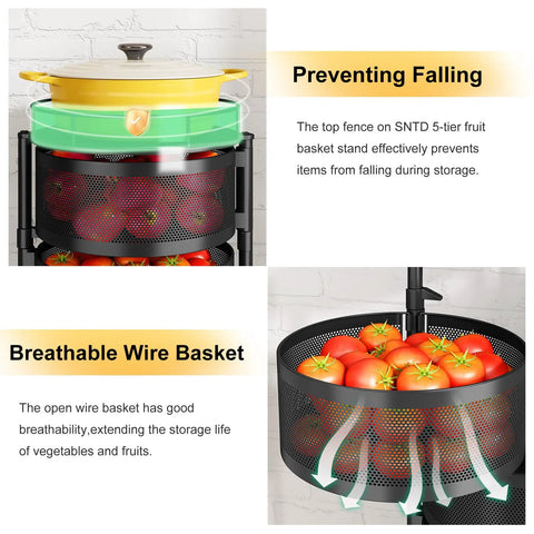 Large Black 5 Tier Rotating Fruit And Vegetable Storage Cart With Metal Top Lid On Wheels, tomatoes in wire basket, preventing falling