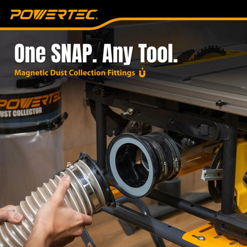 Magnetic Dust Collection Fittings Kit For Four Inch And Two And A Half Inch Quick Connect Hose in use on woodworking machine.