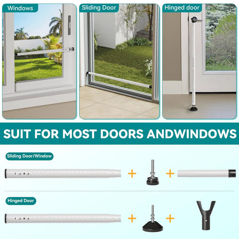 2-In-1 Sliding Door Security Bar and Window Guard, Adjustable 16.5 to 48 Inches, No Tools Needed, shown on windows and doors, white