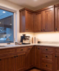Kitchen with wooden cabinets fitted with Flat Black Mushroom Cabinet Knobs Set Of 25 For Kitchen And Cabinets, Matte Round Drawer Knobs.