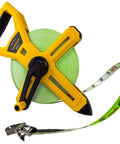 Open Reel Fiberglass Tape Measure Two Hundred Feet One Half Inch Wide Built Tough with Double Coated Blade Shock Absorbing Bumpers Versatile End Hook and Marking Stake Included Green, yellow reel with green tape.