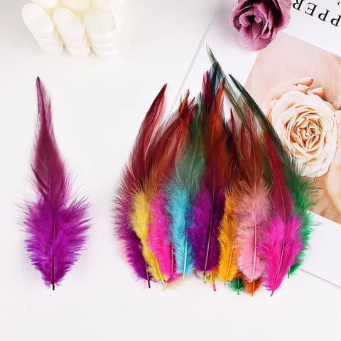 120 Pcs 5 To 7 Inch Rooster Saddle Feathers Bulk For Crafts And DIY Projects, colorful mix of natural hackle feathers on display.