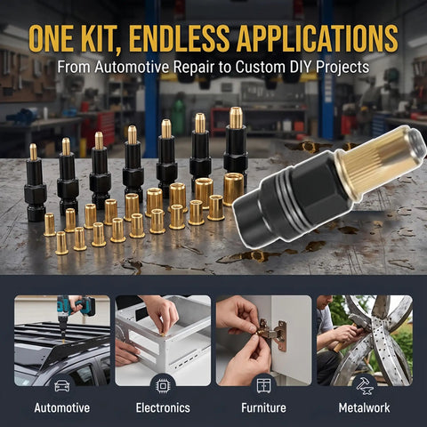Heavy Duty Hand Riveter Pliers Kit With M3 To M10 Mandrels And Ten Threaded Inserts on a workbench with various applications.