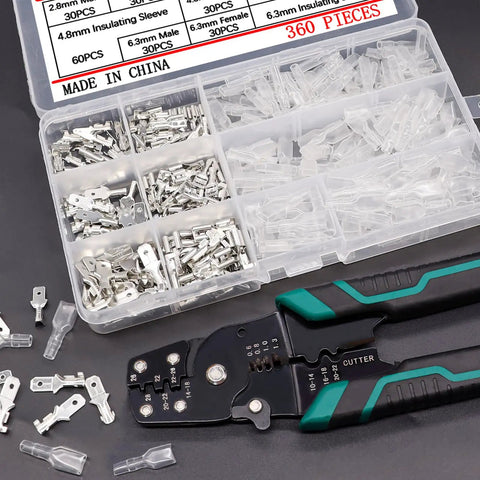 360 Piece Quick Splice Wire Spade Connector Kit with 2.8mm 4.8mm 6.3mm terminals and insulating sleeves, crimp tool included.