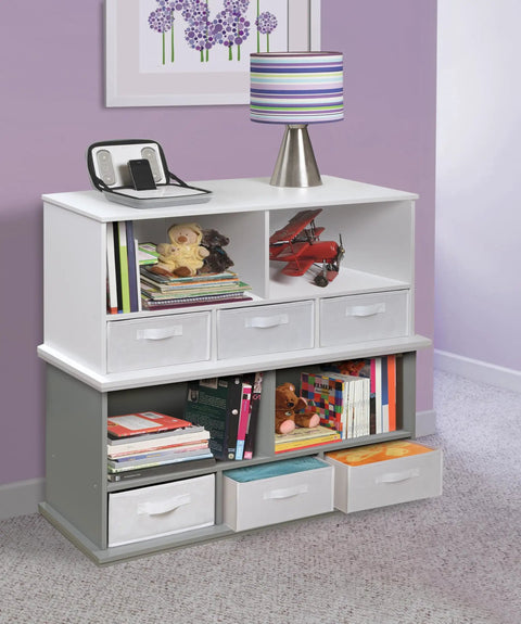 Five-Shelf Stackable Toy Storage Organizer With Three Removable Fabric Bins, solid panel construction, gray, in playroom setting.