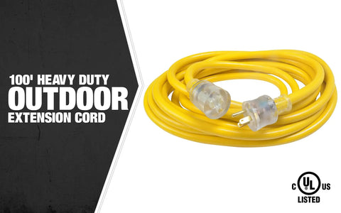 Extra Heavy Duty Outdoor Extension Cord 100 Ft Long 10 Gauge 3 Conductor Lighted End SJTW Weatherproof Yellow Power Cable