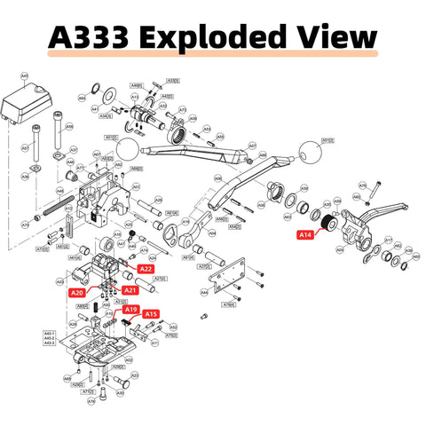 A33B exploded view diagram showing Replacement Knife Cutter A22 for A333 Steel Strapping Tool, Durable Blade, Fits All A333 Tool Models, Easy Install, Reliable Spare Part for Strapping, Packaging, and Box Securing Jobs
