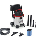 16-Gallon Stainless Steel Wet Dry Shop Vacuum With Cart, Pro Hose, Drain And Blower Port, 6.5 Peak HP Motor, Large Wheels, Red.
