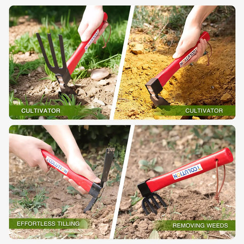 4 Piece Garden Tool Set With 10.6 Inch Wooden Handles for Digging, Weeding, Cultivating, and Soil Loosening in use