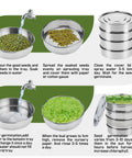 Stainless Steel 4 Tier Seed Sprouting Kit With Lid, 6 Inch Diameter, water rinsing seeds, stacked trays, and sprouted greens.