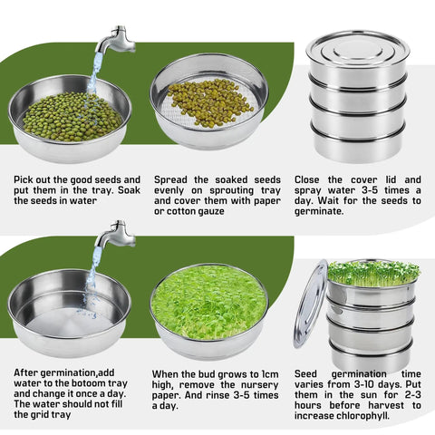 Stainless Steel 4 Tier Seed Sprouting Kit With Lid, 6 Inch Diameter, water rinsing seeds, stacked trays, and sprouted greens.