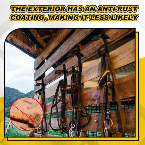 Wall Mount Horse Bridle Rack Black Metal Bridle Holder with bridles hanging in barn; includes extra hooks and screws.