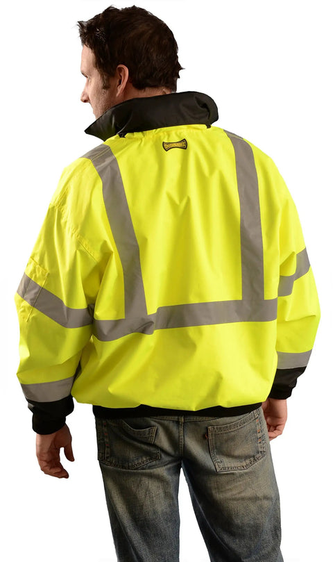 Back view of Three Way Class 3 Reflective Bomber Jacket With Roll Away Hood Waterproof 100 Percent Polyester Oxford X Large