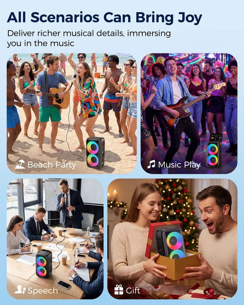 Bluetooth Party Speaker With Colorful Lights at beach party, music play, office speech, and as a gift