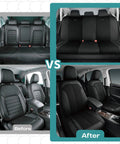 Before and after images of car seats with GOGA Mat Oxford Cloth Waterproof Front Seat Covers For Most Cars, SUVs And Trucks Universal Fit All Season Protection Durable Black Seat Shield With Cushioned Comfort And Easy Clean.